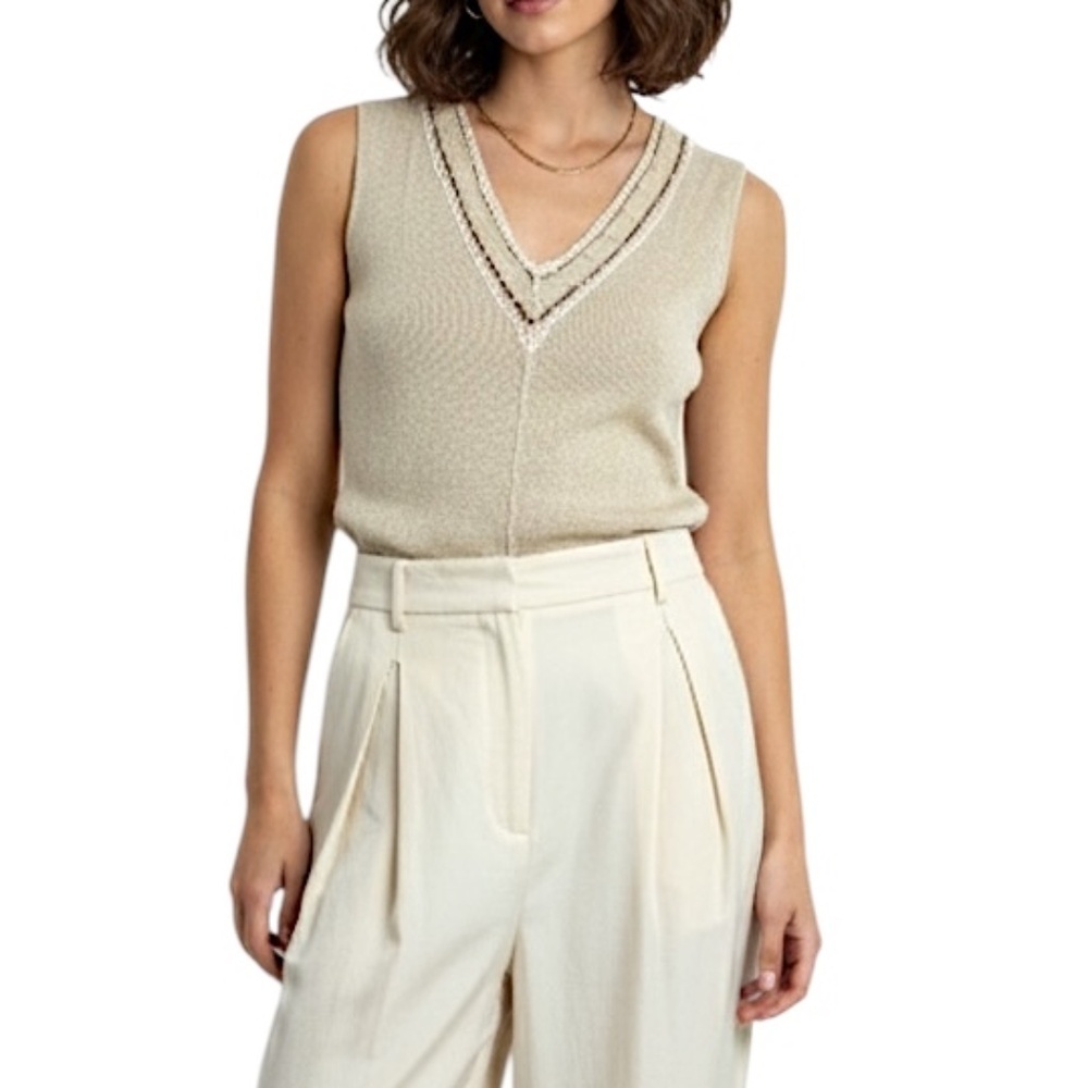 90s Y2K Katmai Italian cotton blend tan old money v neck sleeveless knit top XS